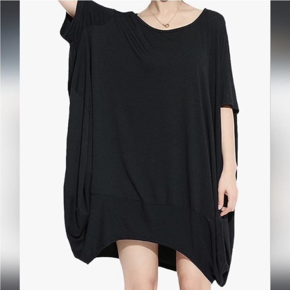 ELLAZHU Women's Loose Fit Batwing sleeve Tee oversized Tunic Dress Black
